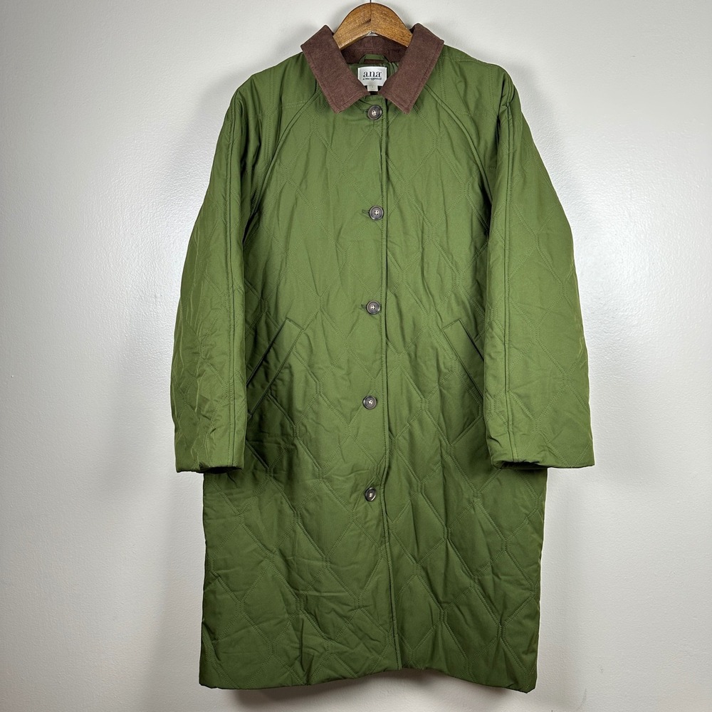 a.n.a Women's L Quilted Coat Westminster Green Corduroy Collar Relaxed Fit NEW